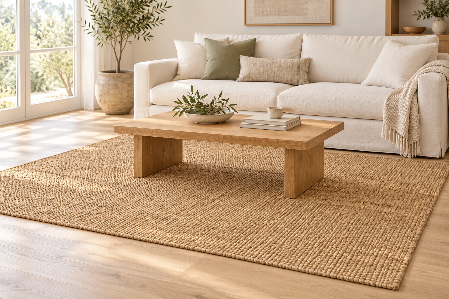 A natural jute rug in a light, furnished living room